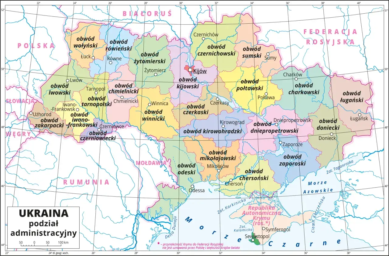 Mapa Ukrainy z zaznaczonymi obwodami. Z jakimi krajami graniczy Ukraina? Z Polską, Słowacją, Węgrami, Rumunią, Mołdawią, Białorusią i Federacją Rosyjską.