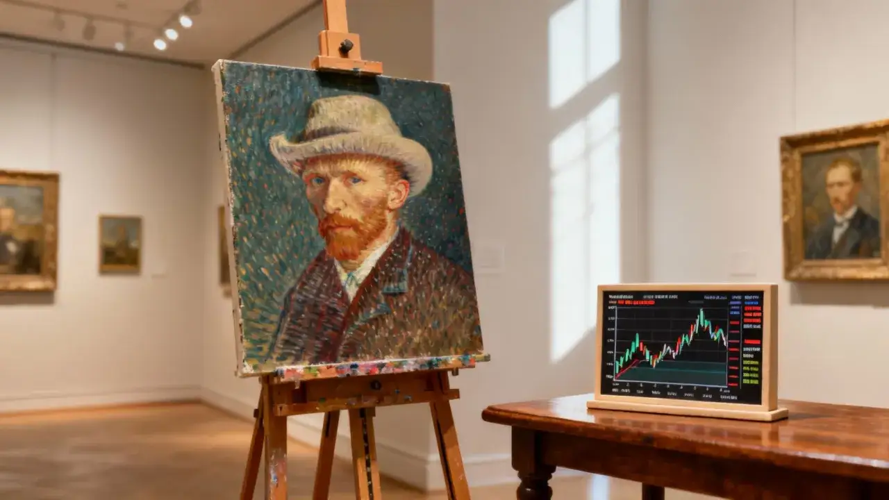 A Van Gogh painting stands on an easel next to a tablet displaying a stock market graph, symbolizing a fine art investment fund.