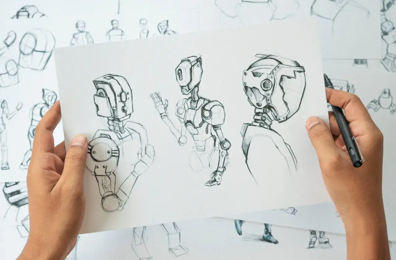 Rysunki robotów na papierze, szkice postaci, które mogą posłużyć do nauki, jak narysować komiks.