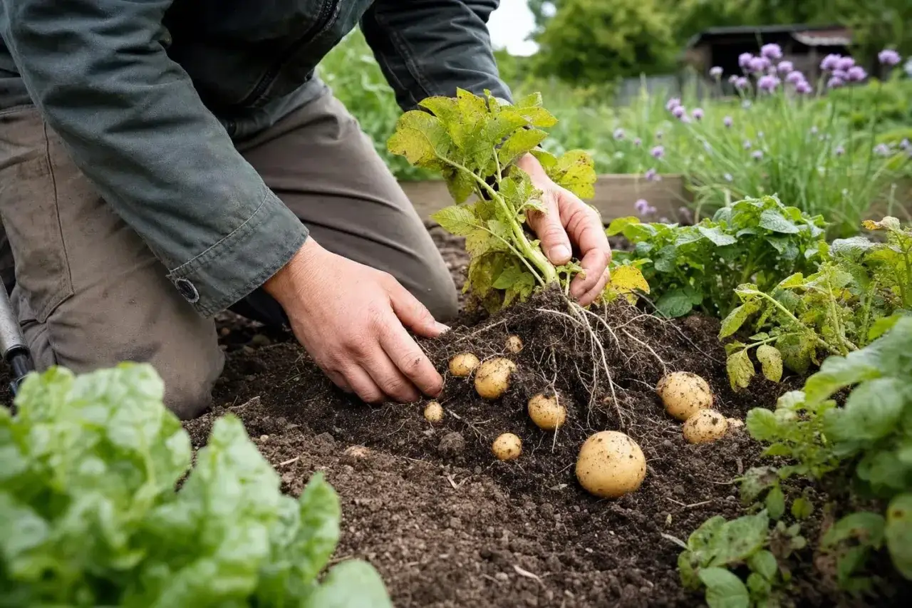 Les mains d'un jardinier sortent des pommes de terre de la terre. C'est le moment idéal quand ramasser les pommes de terre.
