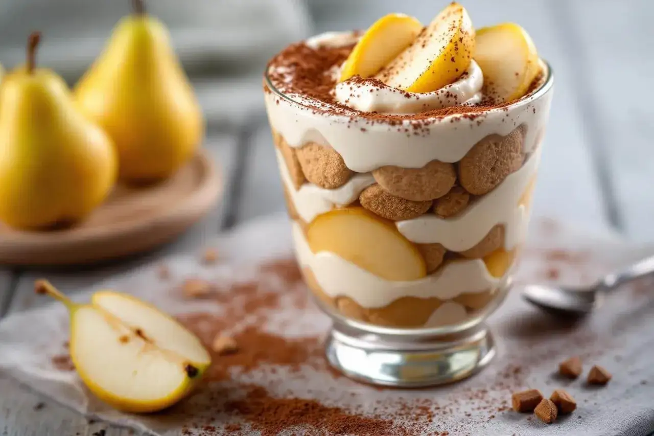 Un délicieux tiramisu poire, superposant biscuits, crème onctueuse et morceaux de poire, saupoudré de cacao.