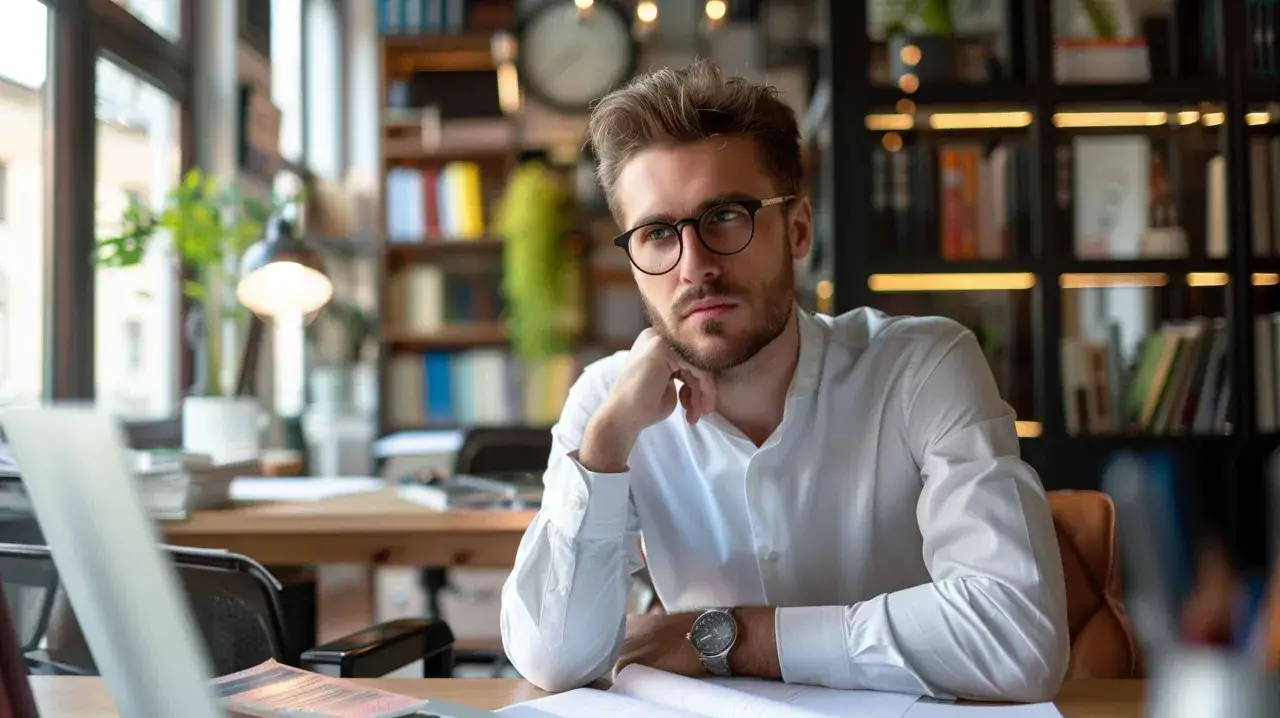 Un homme pensif, lunettes rondes, devant des étagères remplies de livres, peut-être un auteur pour une maison d'édition jeunesse.