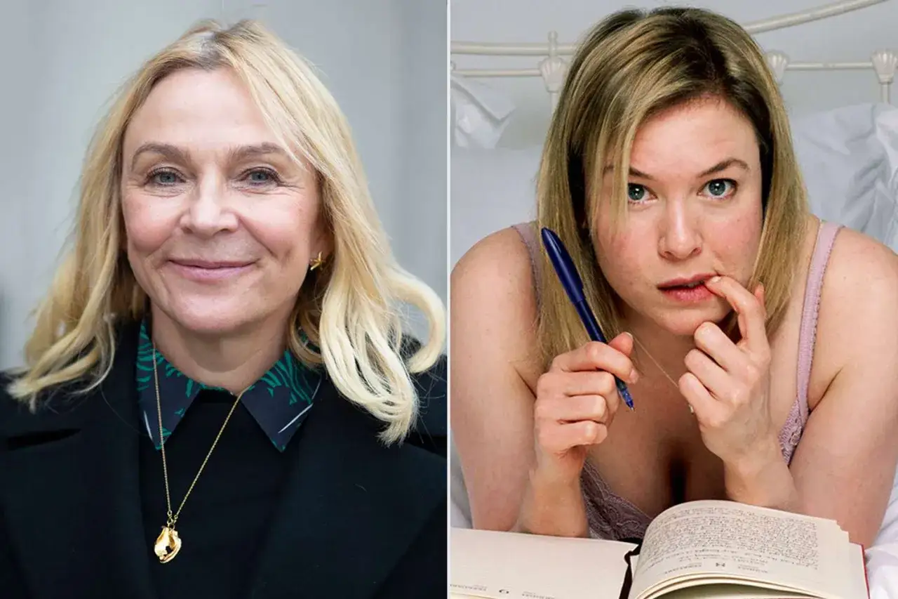 Helen Fielding, kto jest autorem popularnej książki Dziennik Bridget Jones, obok Renée Zellweger jako Bridget.
