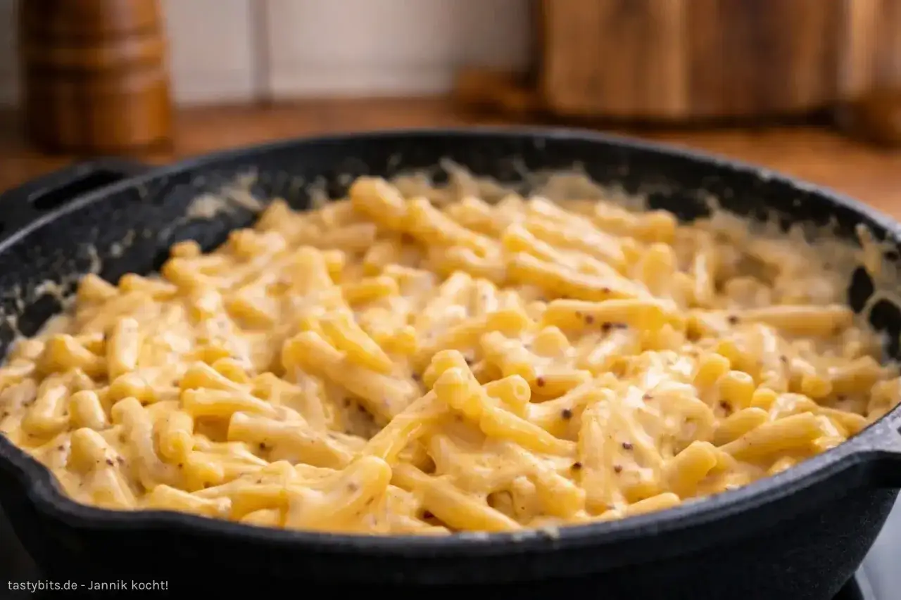 Cremiges Mac & Cheese Rezept in einer Gusseisenpfanne, perfekt für einen gemütlichen Abend.