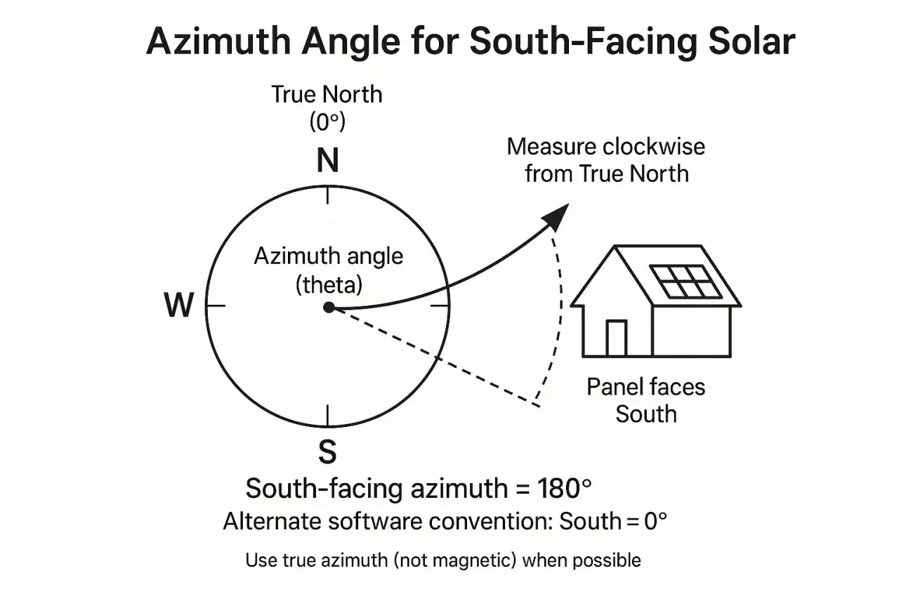 Diagramme expliquant l'angle d'azimut pour maximiser la puissance panneau solaire. Le Sud est à 180°.