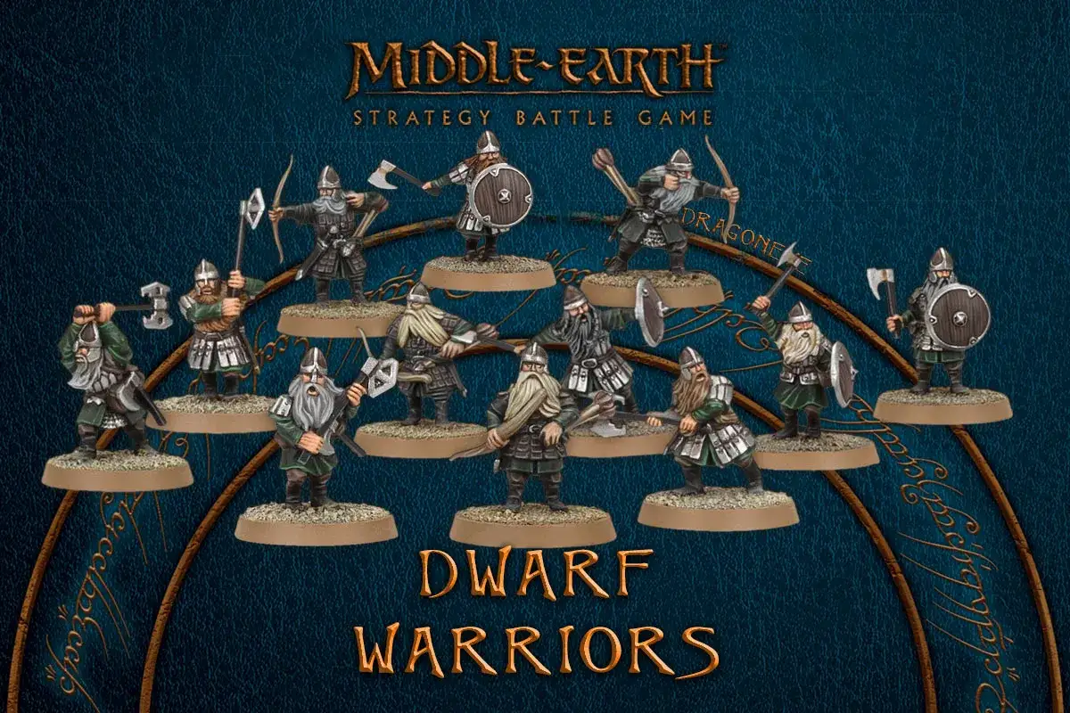 Krasnoludzcy wojownicy gotowi do walki w grze strategicznej Middle-earth. Figury z gry bitewnej.