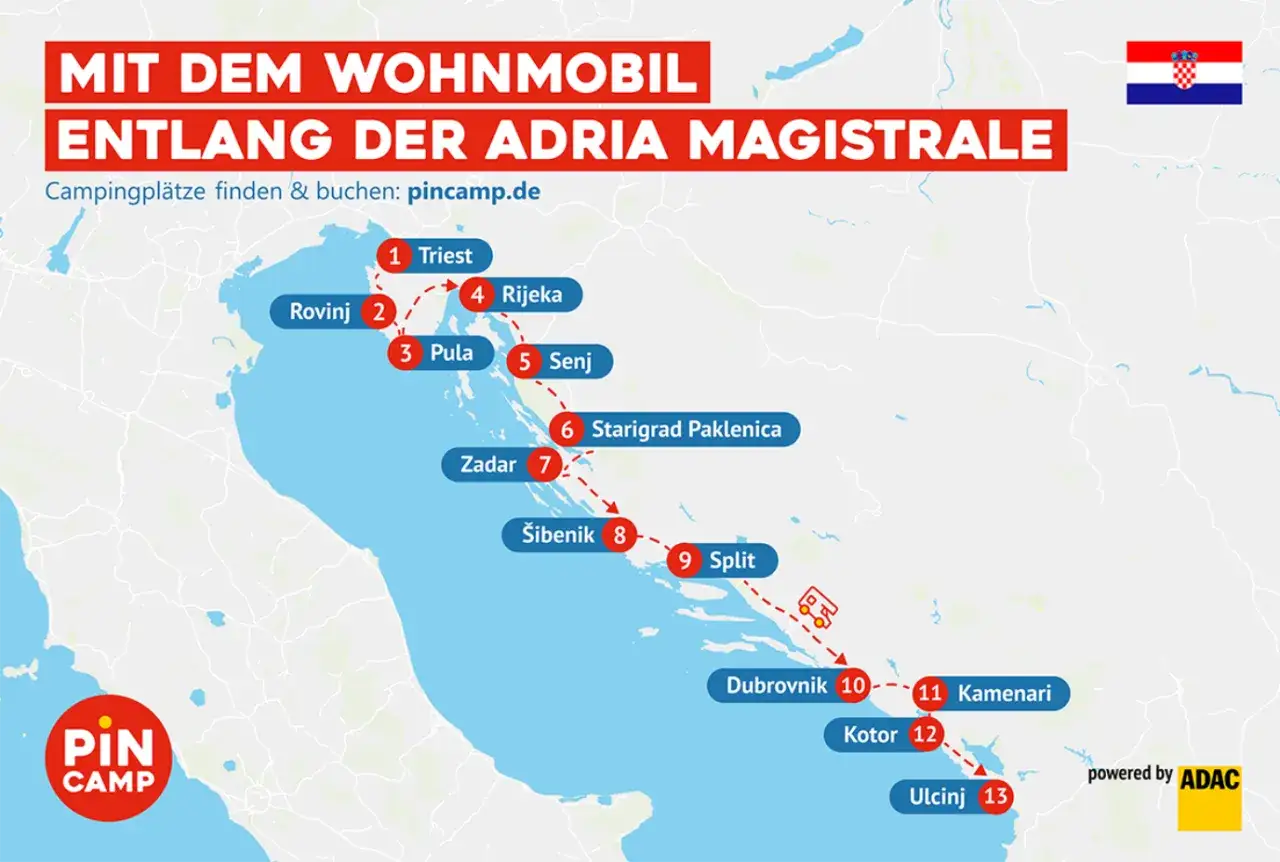 Karte zeigt einen Kroatien Roadtrip mit dem Wohnmobil entlang der Adria Magistrale von Triest bis Ulcinj.
