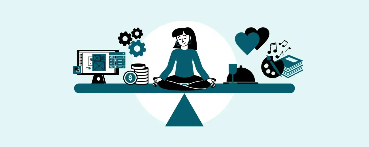 Bilancia tra lavoro (computer, ingranaggi, soldi) e vita personale (cuori, musica, arte, cibo). Il significato di una vita frenetica è trovare l'equilibrio.