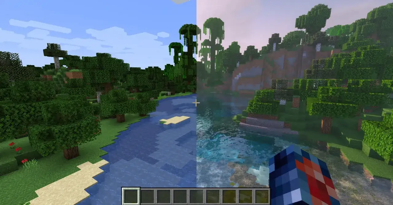 Porównanie Minecrafta przed i po dodaniu shaderów. Zobacz, jak łatwo pobrać shadery i odmienić wygląd gry!