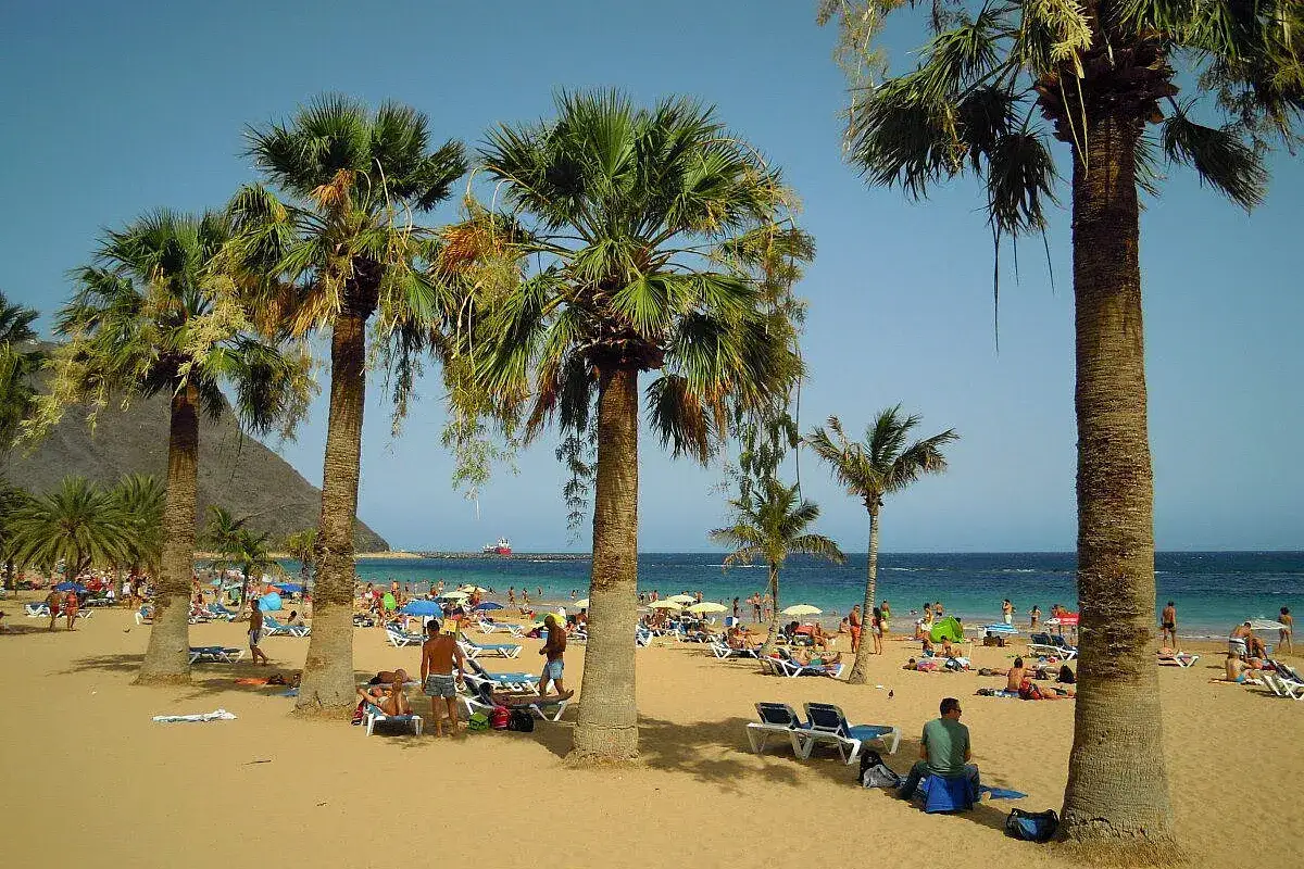 Spiaggia di Tenerife con palme, ombrelloni e gente che si rilassa. Ideale per una vacanza a Tenerife con bambini.