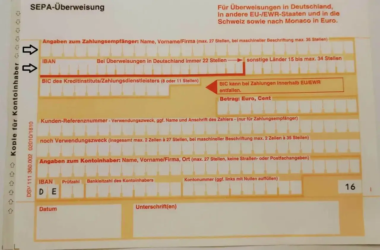 SEPA-&Uuml;berweisung mit Feldern f&uuml;r Empf&auml;nger, IBAN, BIC, Betrag und Kontoinhaber. Die Frage 