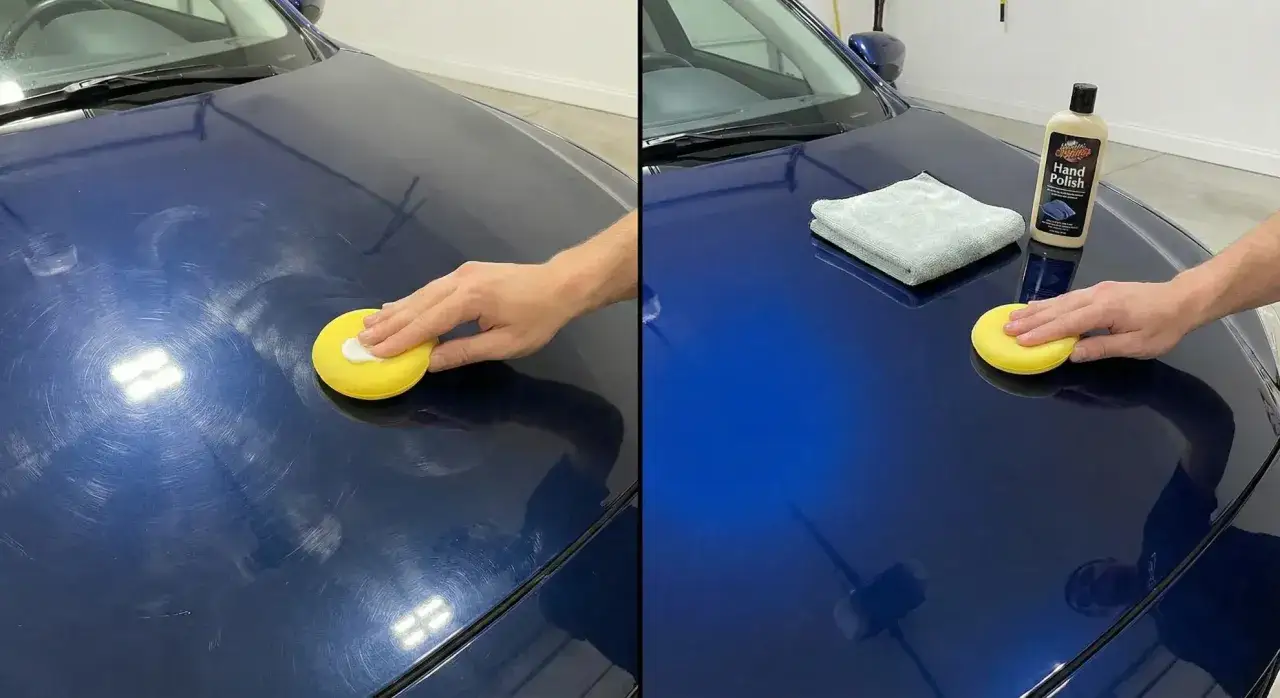 Demostración de cómo lavar el coche a mano: antes con remolinos y después con un brillo impecable tras aplicar pulimento.