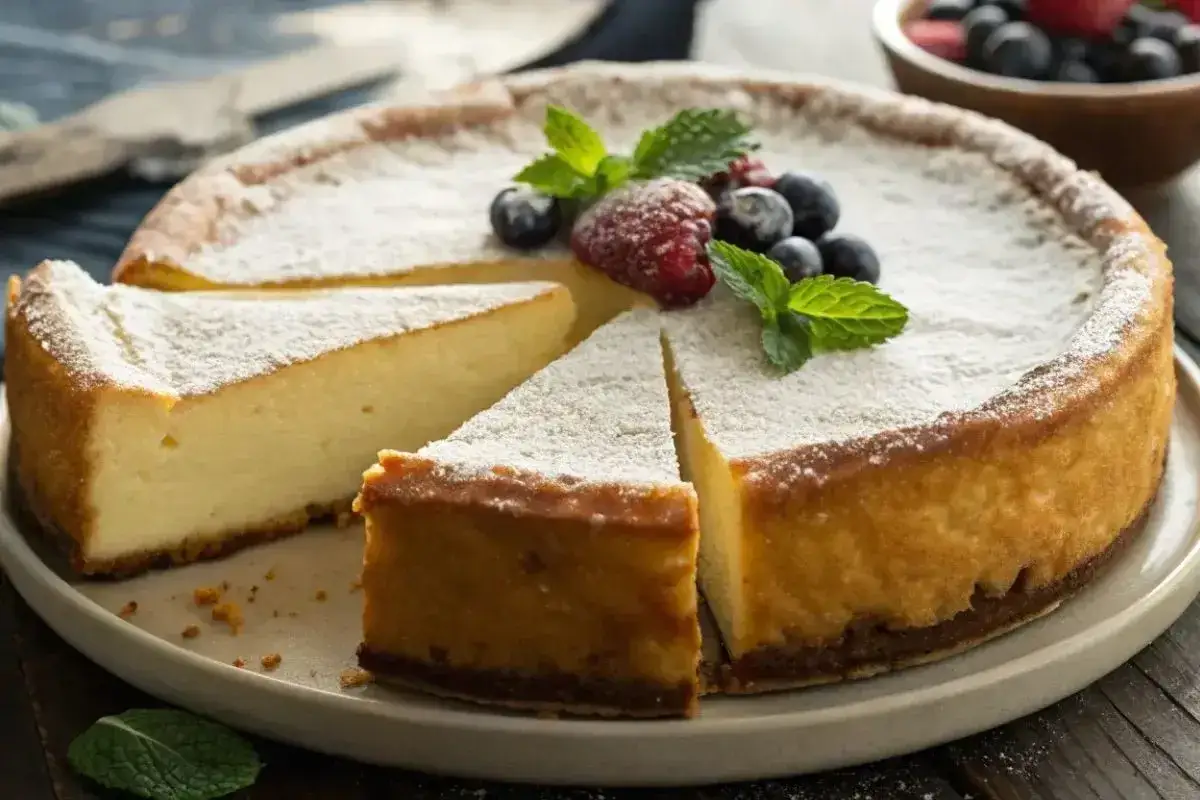 Le meilleur gâteau au fromage blanc, saupoudré de sucre glace et garni de fruits rouges et de menthe. Un délice visuel et gustatif.