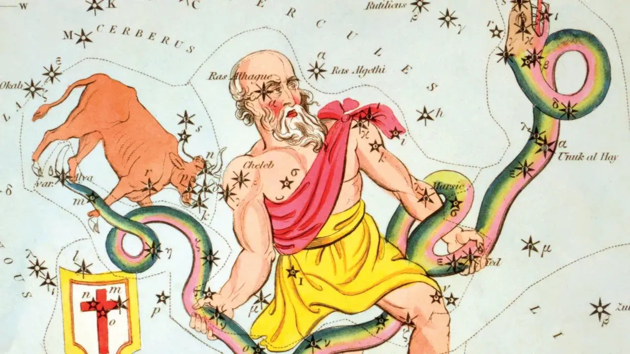 Starożytna mapa nieba ukazuje Ophiuchusa, trzynastego znaku zodiaku, walczącego z wężem. Obok byk.