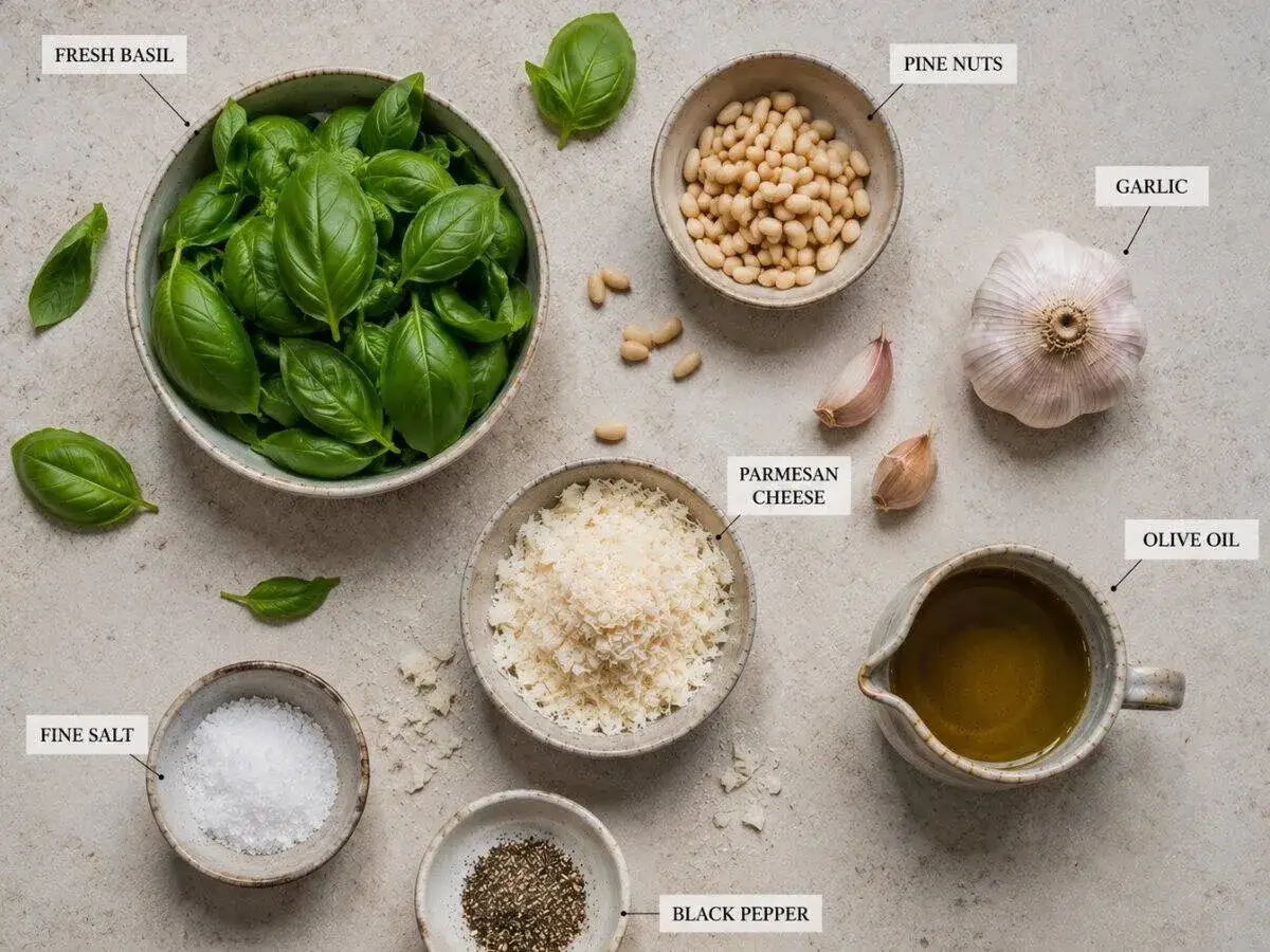 Zutaten f&uuml;r Pesto: frisches Basilikum, Pinienkerne, Parmesan, Knoblauch, Oliven&ouml;l, Salz und Pfeffer. Perfekt f&uuml;r den Thermomix.