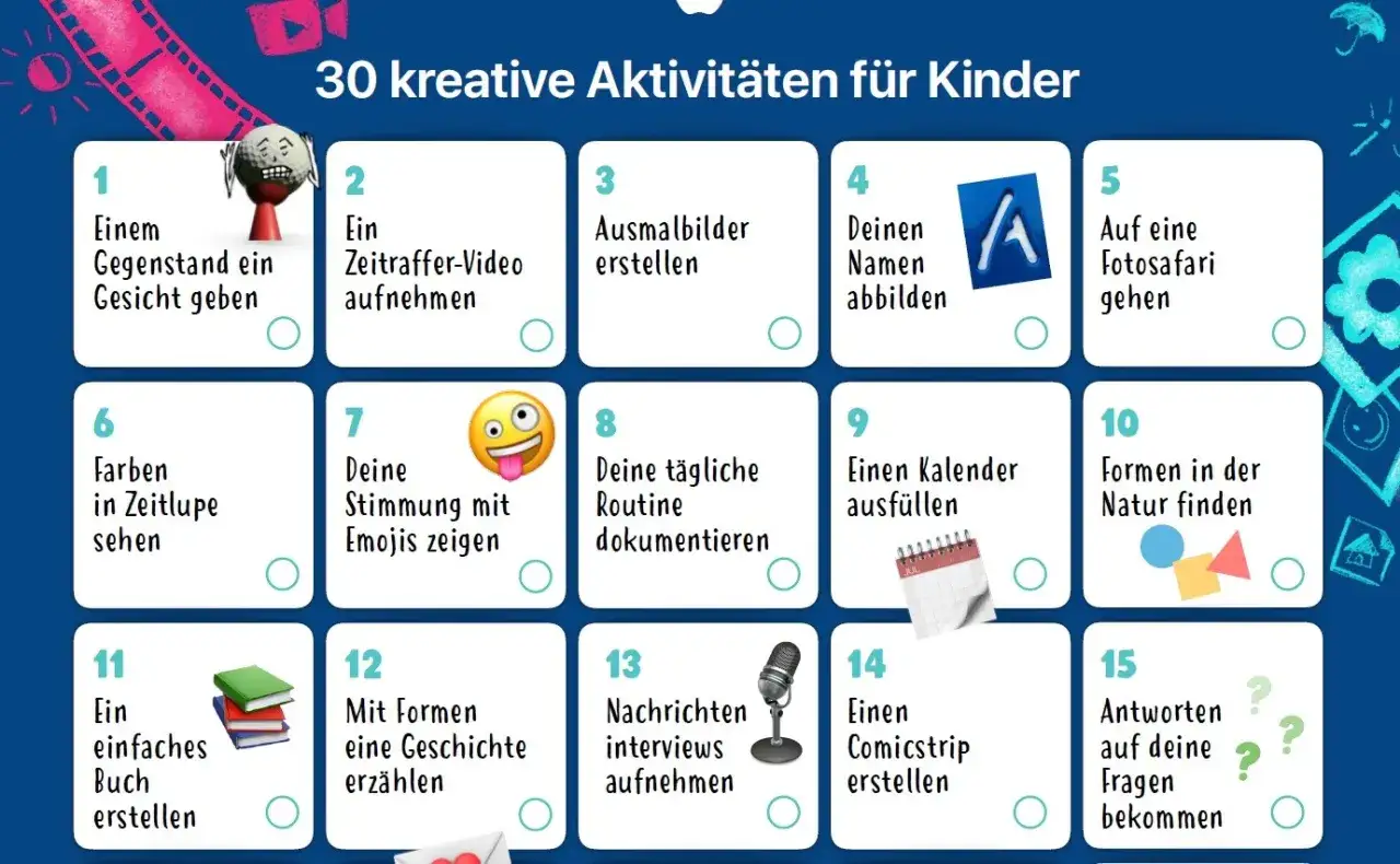 Kreative Ideenfindungsmethoden f&uuml;r Kinder: Gesichter auf Gegenst&auml;nde malen, Zeitraffer-Videos drehen, Comicstrips erstellen und vieles mehr.