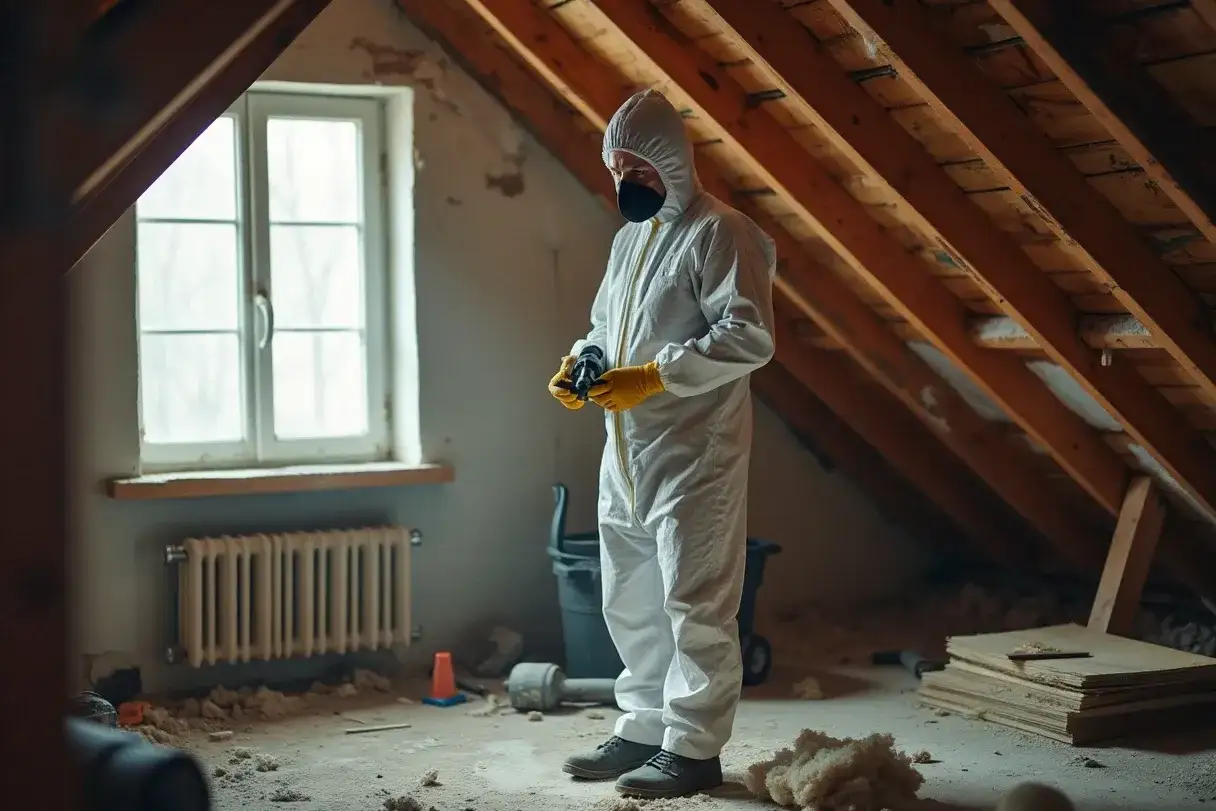 Mann in Schutzanzug bereitet sich auf das Glaswolle verarbeiten im Dachboden vor. Staub und D&auml;mmmaterial liegen herum.