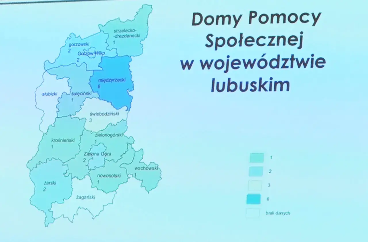 Mapa województwa lubuskiego z zaznaczonymi DPSami