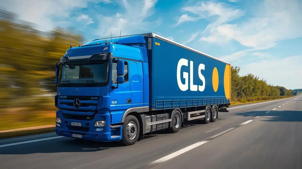 Niebieska ciężar&oacute;wka GLS pędzi autostradą. Kierowcy tej firmy mogą liczyć na dobre gls zarobki.