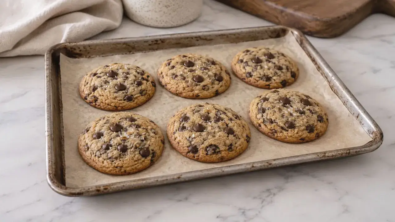 Six cookies &eacute;pais moelleux aux p&eacute;pites de chocolat, parsem&eacute;s de sel, sur une plaque de cuisson.