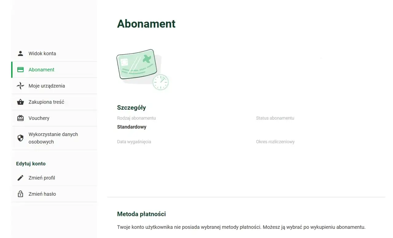 Szczegóły abonamentu w Thermomiksie. Brak wybranej metody płatności, którą można wybrać po wykupieniu abonamentu.