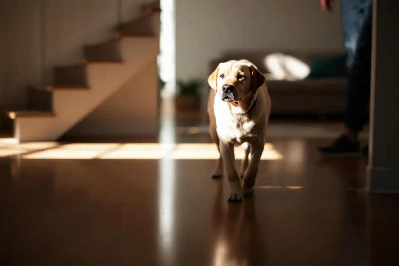 Un labrador doré marche dans un couloir ensoleillé, son humain est visible en arrière-plan. Mon chien me suit partout, même dans la lumière.