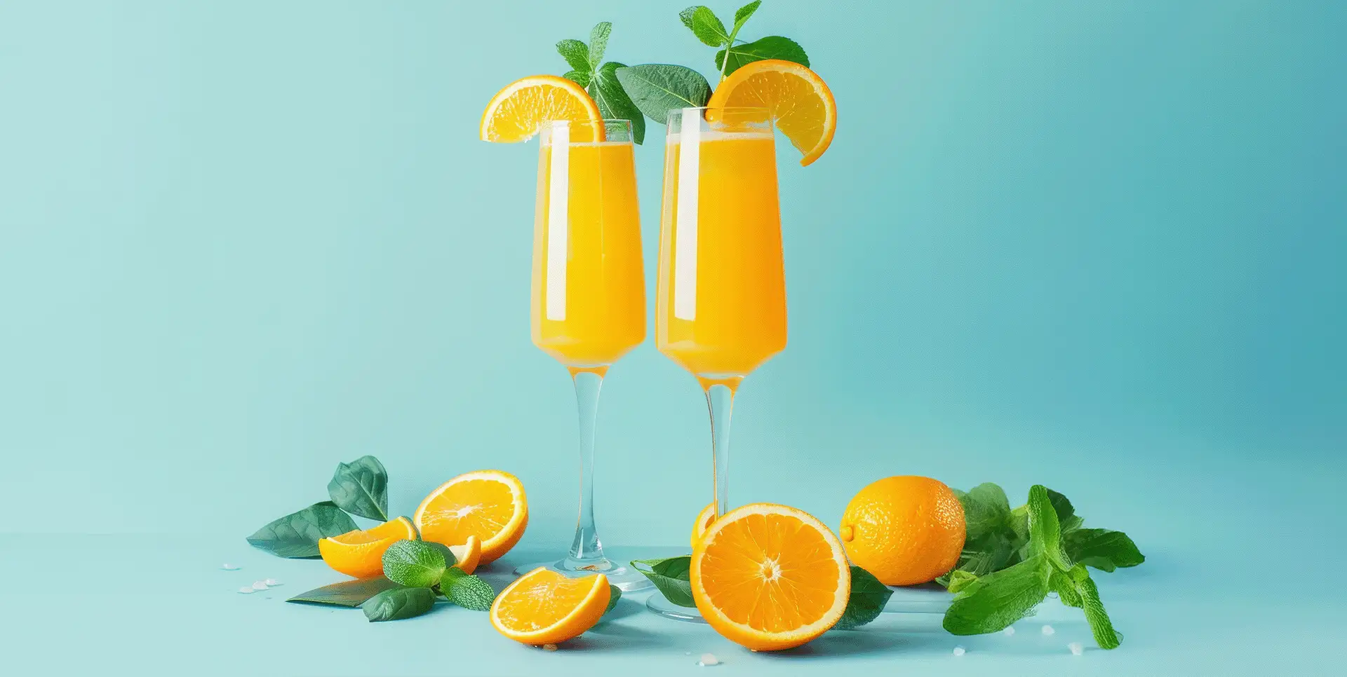 Dwa kieliszki pełne soku pomarańczowego, ozdobione plasterkami pomarańczy i listkami mięty. Czy to Mimosa czy Bellini?