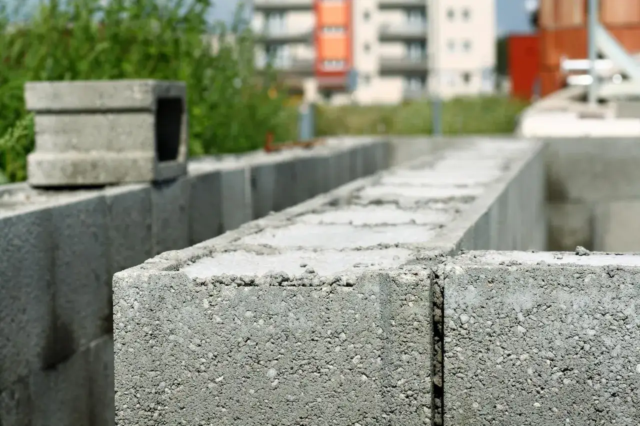 Szary beton, z którego powstają bloczki zalewowe, tworzy fundamenty. W tle budynki i zieleń.