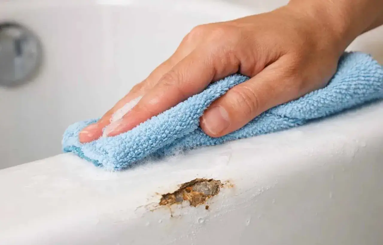 Main d'une personne nettoyant une rayure sur une baignoire en acrylique avec un chiffon bleu.
