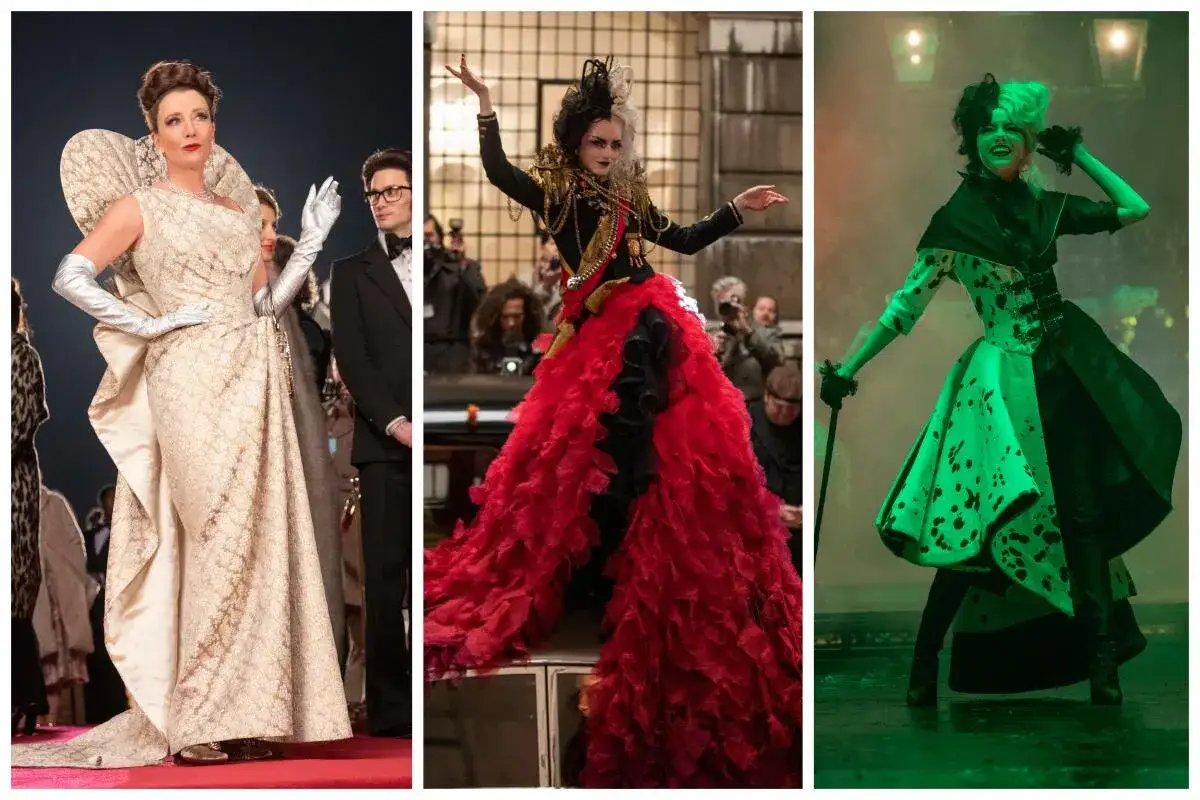 Tre olika Cruella-looks: en i elegant vit kl&auml;nning, en i dramatisk r&ouml;d volymkjol och en i ikonisk svartvit fl&auml;ckig dr&auml;kt.
