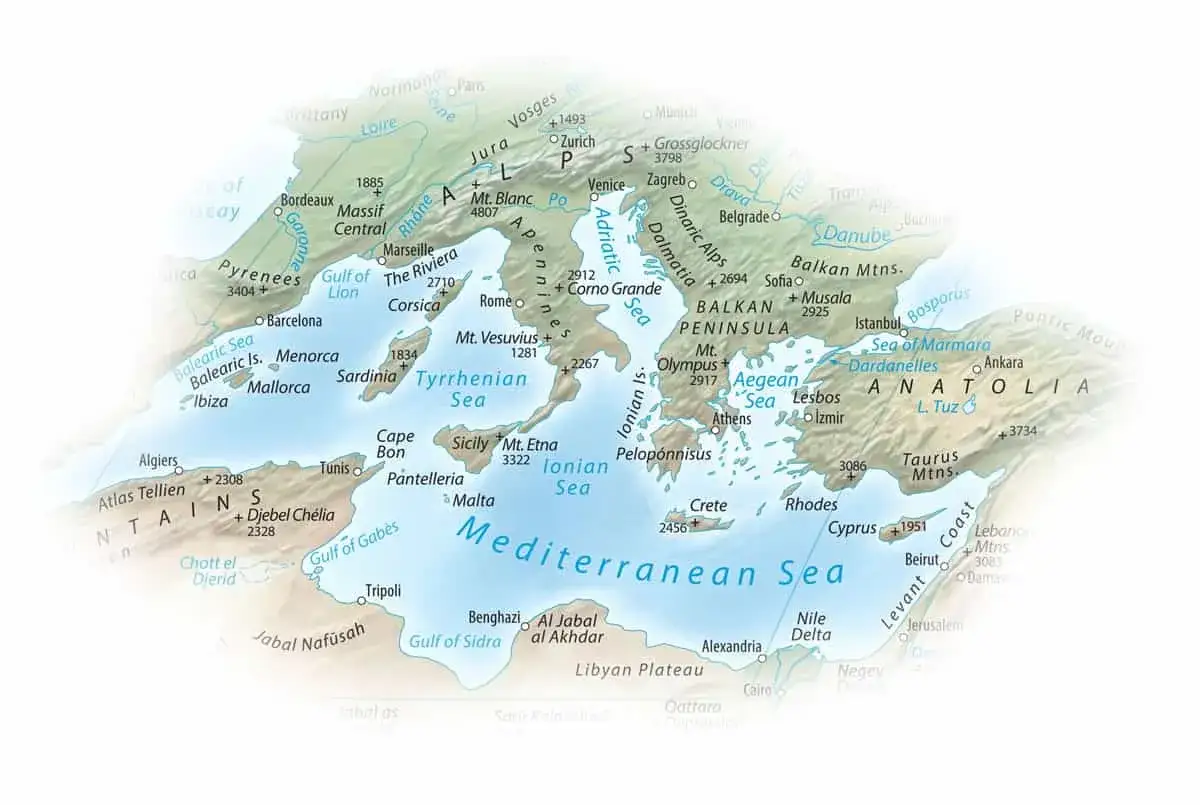 Wulkany w Europie: Etna na Sycylii, Wezuwiusz koło Neapolu i inne. Mapa pokazuje położenie wulkanów w basenie Morza Śródziemnego.