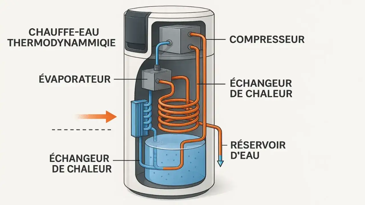 Schéma d'un chauffe-eau thermodynamique montrant le compresseur, l'évaporateur, les échangeurs de chaleur et le réservoir d'eau.