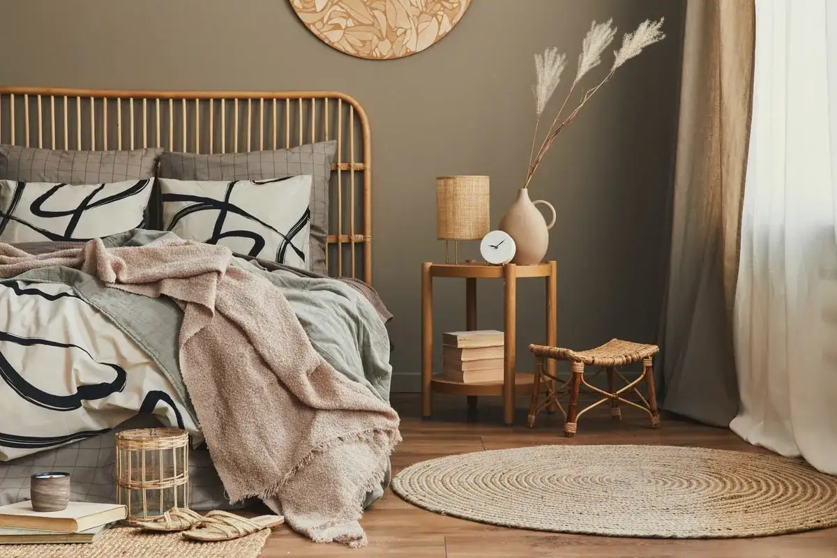 Gemütliches Schlafzimmer mit Rattan-Bett und erdiger wandfarbe schlafzimmer. Dekoriert mit Kissen, Decken und einem runden Jute-Teppich.