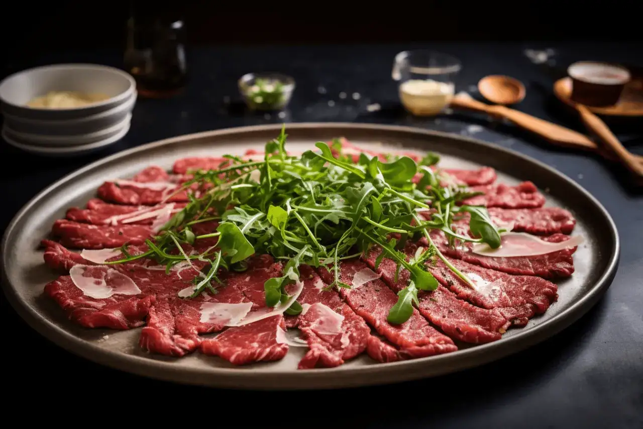 Eleganckie carpaccio wołowe jak jeść: cienkie plastry wołowiny, rukola i parmezan na talerzu. Idealne na przystawkę.