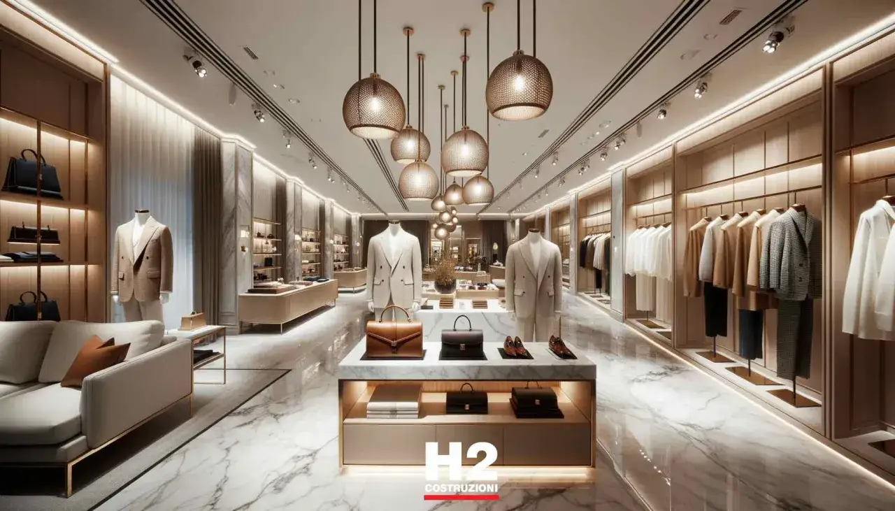 Interni eleganti di un negozio di abbigliamento maschile, con manichini in abiti sartoriali e accessori di lusso. Un esempio di **ristrutturazione locale commerciale** di successo.