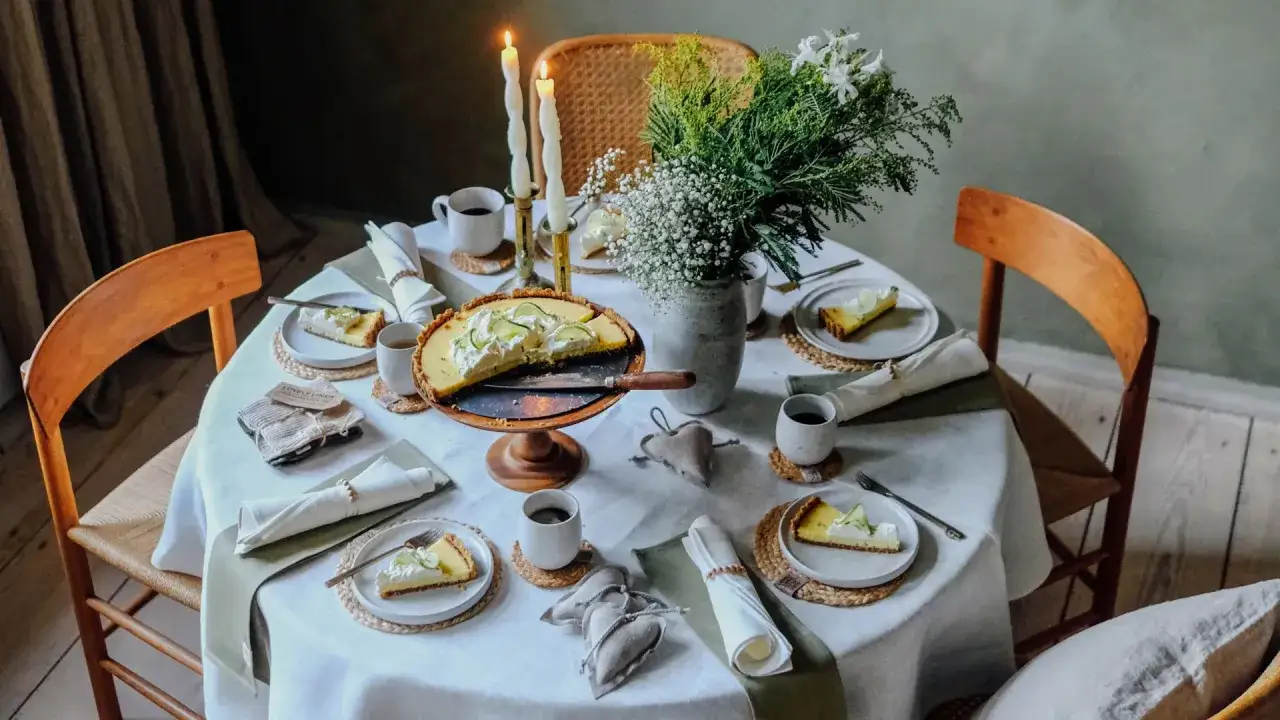 Vackert dukat runt bord med en limepaj, ljus och blommor. En inbjudan till fika.