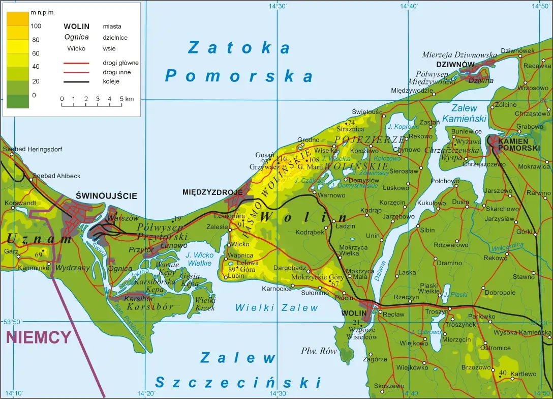 Mapa Polski z zaznaczonymi wyspami Wolin i Uznam