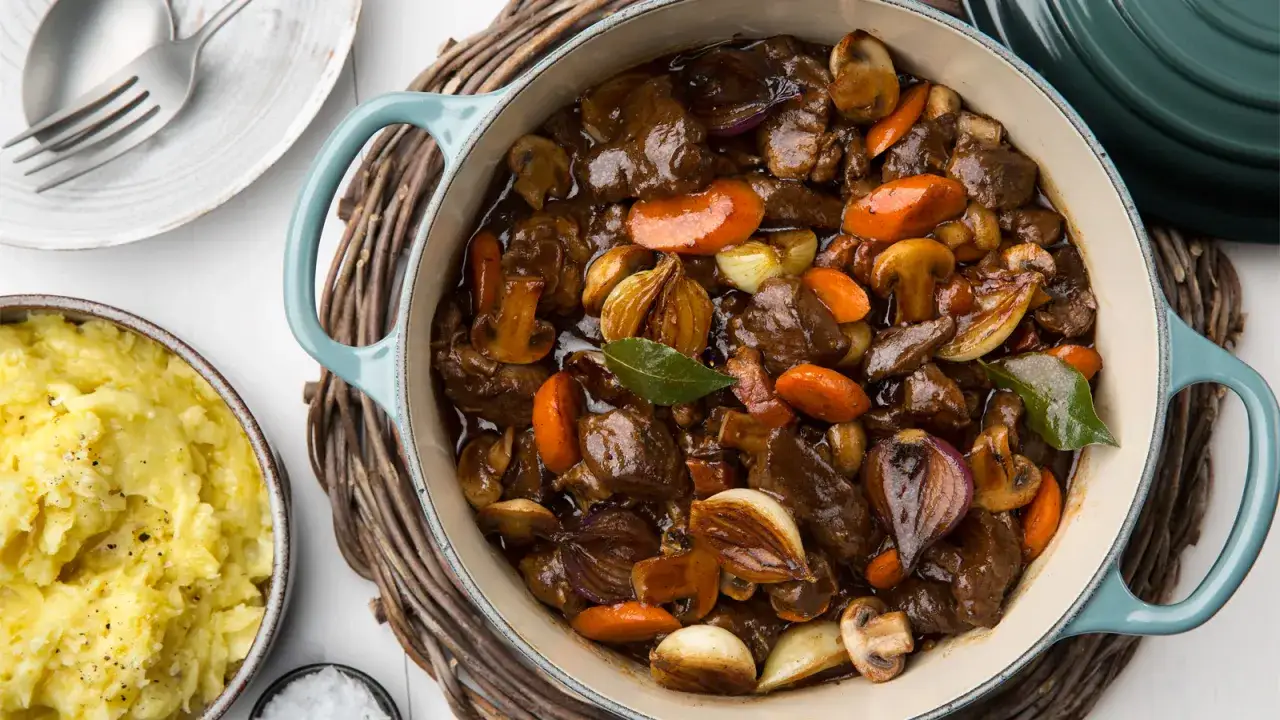 En mustig gryta med mört kött, champinjoner, morötter och lök. Perfekt vin till boeuf bourguignon. Serveras med krämigt potatismos.