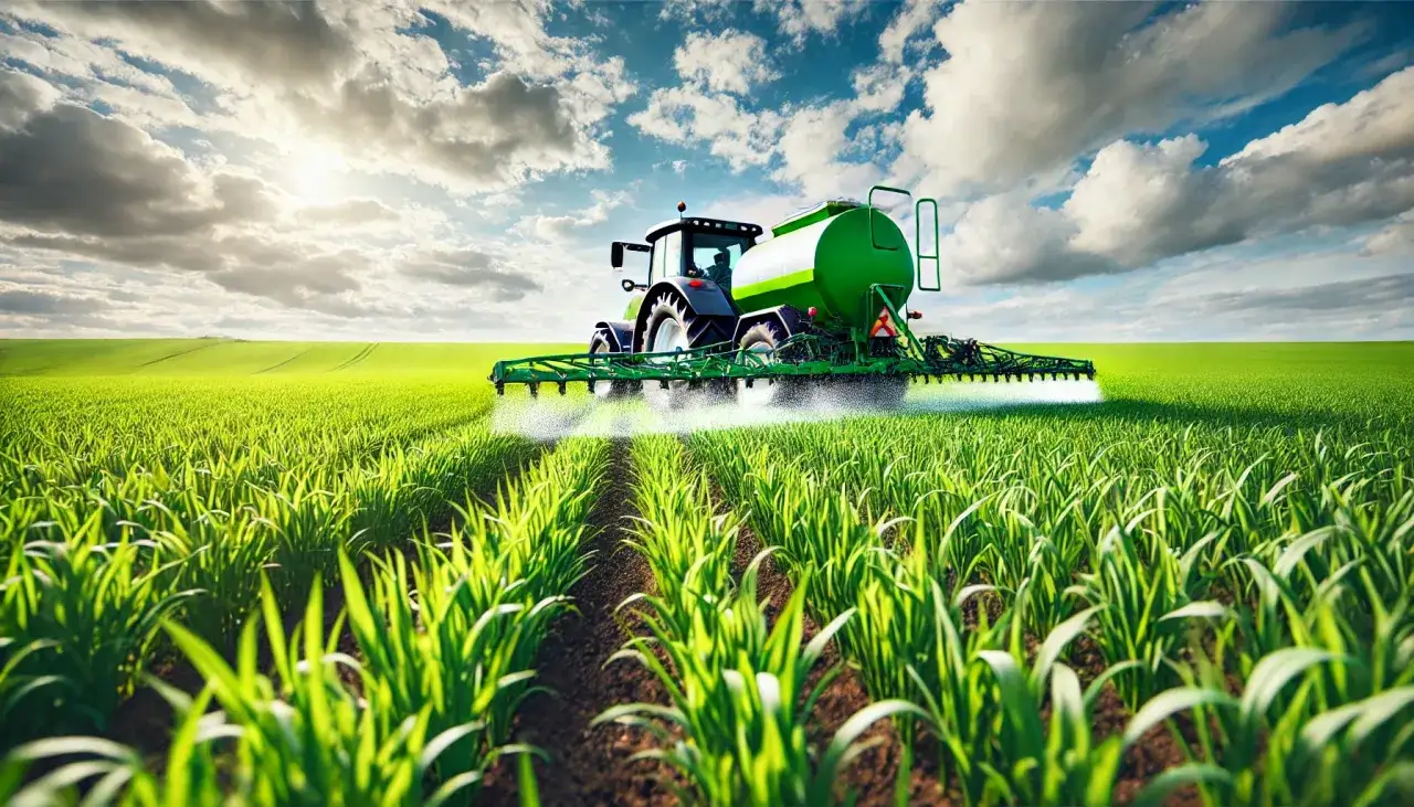 Traktor z opryskiwaczem aplikuje nawóz na zielone pole młodych roślin. Słońce przebija się przez chmury, oświetlając krajobraz.