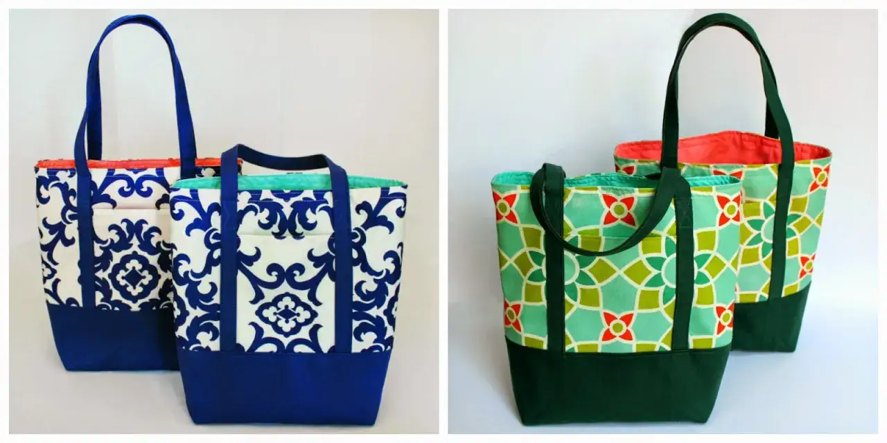 Dos bolsas de tela con estampados florales y geométricos, ideales para aprender como hacer bolsas de tela.