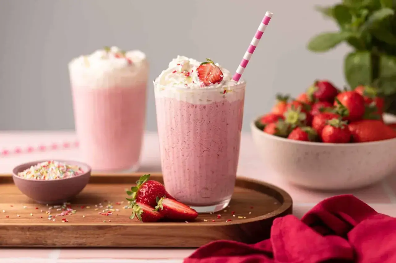 Un délicieux milkshake fraise crémeux, garni de chantilly, de fraises fraîches et de vermicelles colorés.