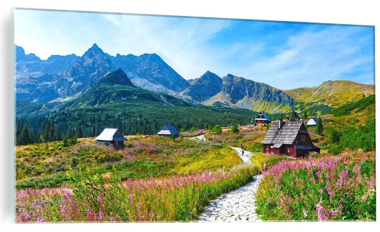 Tatry latem: hala gąsienicowa kwitnie, a kamienista ścieżka prowadzi do drewnianych chat.