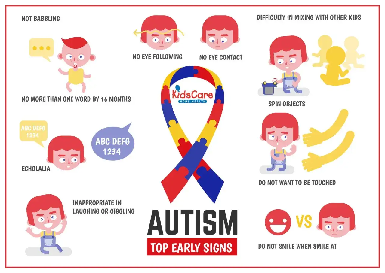 Frühe Anzeichen von Autismus, ab wann kann man Autismus diagnostizieren? Die Grafik zeigt Warnsignale wie fehlendes Lallen, kein Blickkontakt, Schwierigkeiten im Umgang mit anderen Kindern.