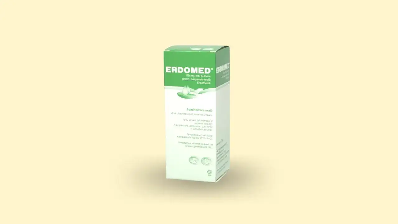 Pudełko leku Erdomed na zawiesinę doustną. Zawiera 175 mg/5ml substancji czynnej Erdosteiny.