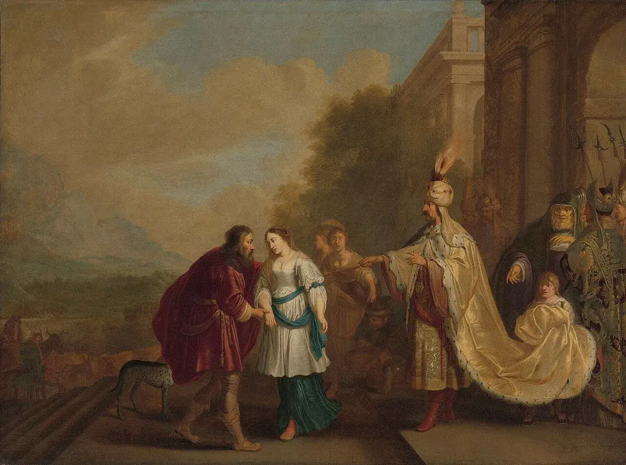 Abraham und Sara werden von einem König empfangen. Ein Hund steht treu an Abrahams Seite.
