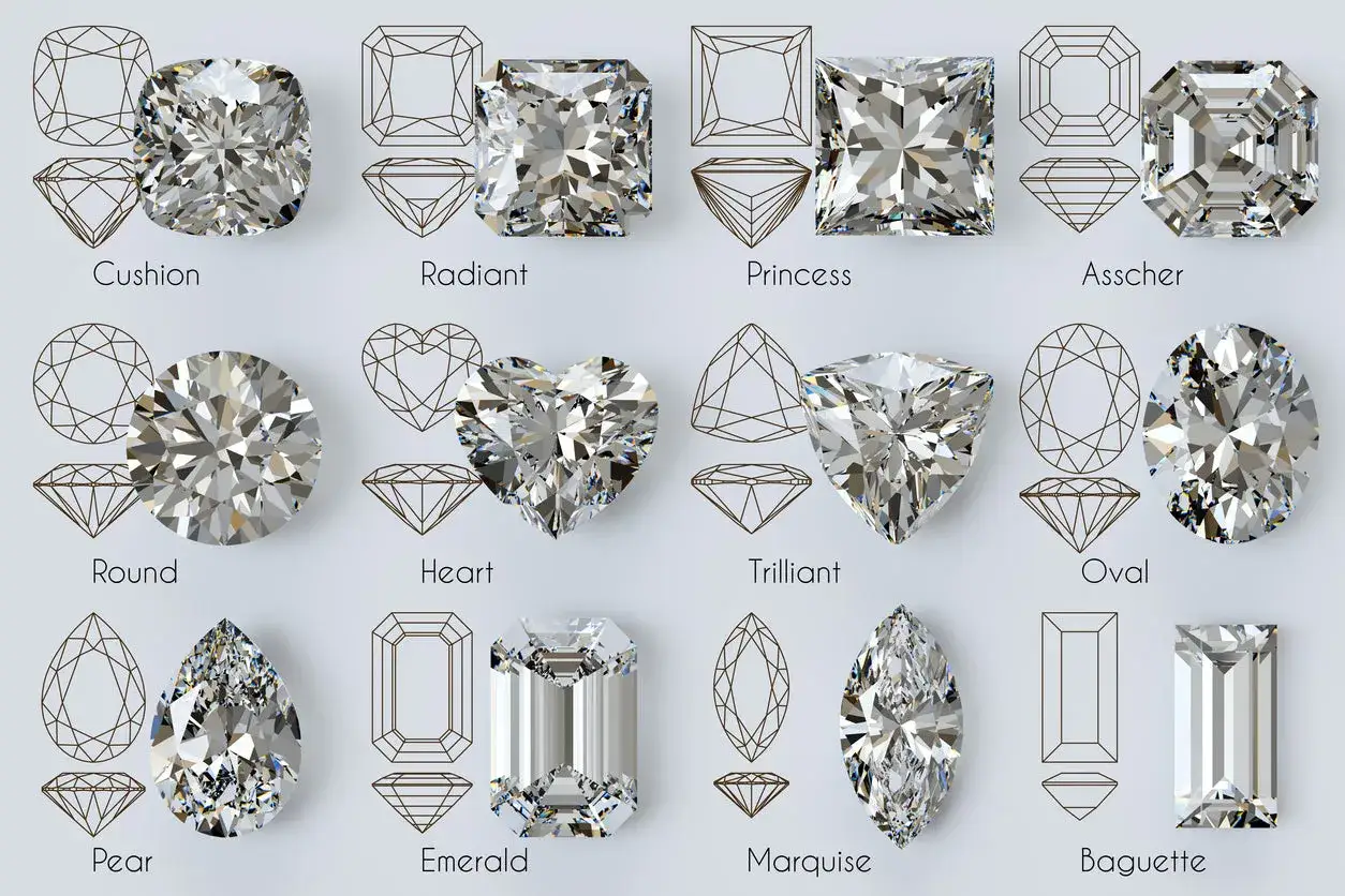 Różne rodzaje szlifów diamentów: Cushion, Radiant, Princess, Asscher, Round, Heart, Trilliant, Oval, Pear, Emerald, Marquise, Baguette.