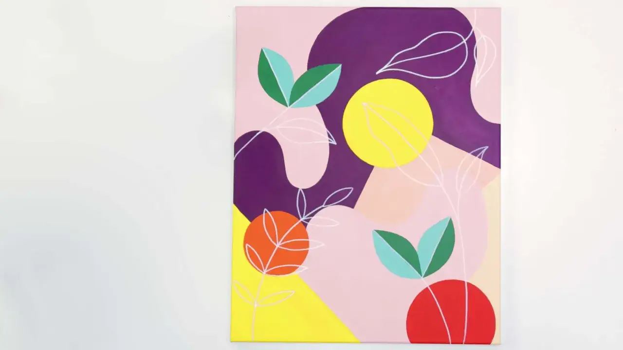 Une peinture acrylique abstraite aux formes organiques et aux couleurs vives. Une belle idée peinture acrylique pour un décor moderne.