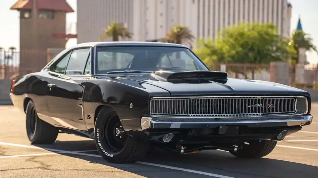 Svart Dodge Charger från 1968 med en kraftfull motorhuv. Ett ikoniskt dodge märke som utstrålar styrka.