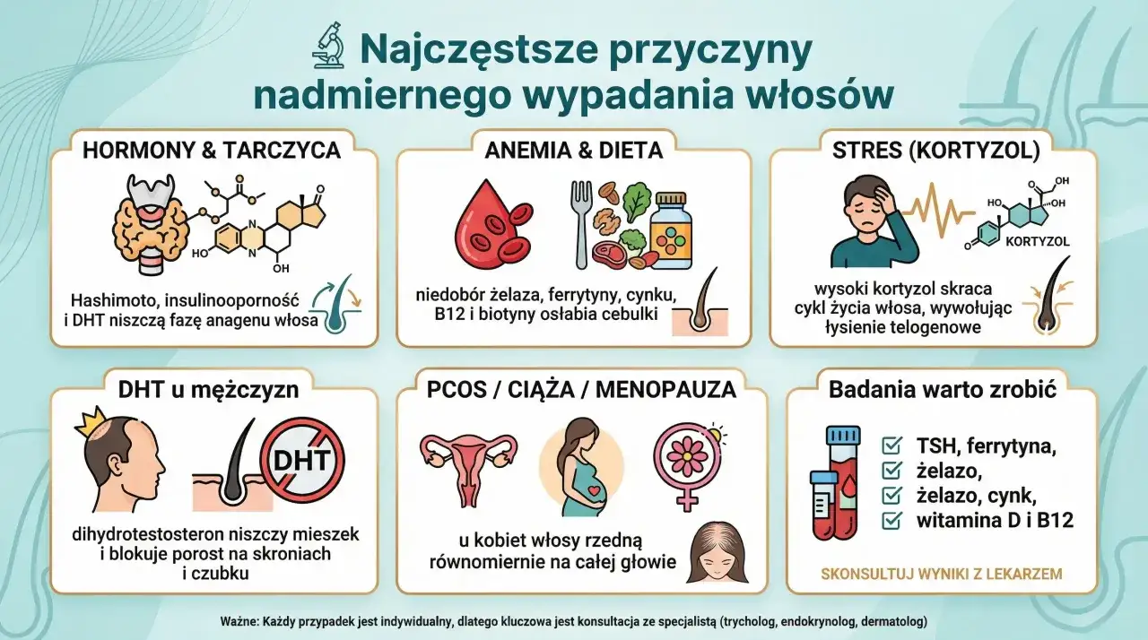 Wypadanie włos&oacute;w przyczyny: hormony, anemia, stres, DHT, PCOS, ciąża, menopauza. Zbadaj TSH, ferrytynę, żelazo, cynk, witaminy.