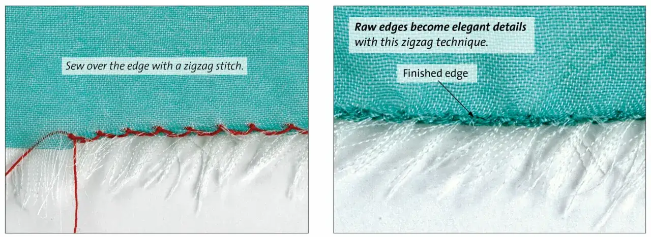 Left image shows a raw edge sewn with red zigzag stitch. Right image shows a finished edge, a contrast to bias tape vs binding.
